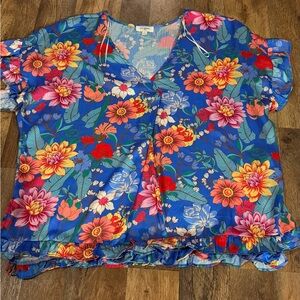 Umgee Blue Floral Sheer Blouse